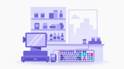Ilustración de un teclado programable de punto de venta con teclas de colores personalizadas junto a la caja registradora de un local