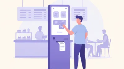 Ilustración de una terminal de autoservicio de pie en un local de comidas, con una pantalla táctil y una impresora de tickets integrada, mientras un cliente arma su pedido