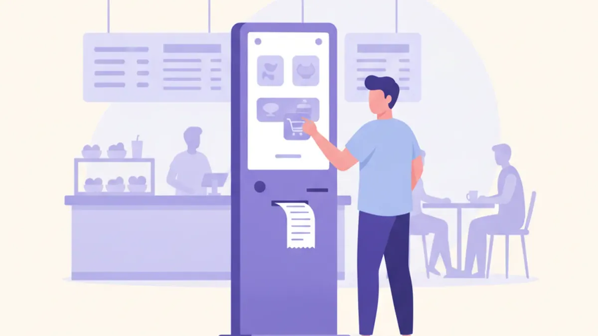 Ilustración de una terminal de autoservicio de pie en un local de comidas, con una pantalla táctil y una impresora de tickets integrada, mientras un cliente arma su pedido