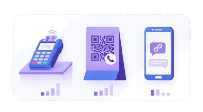 Ilustración comparativa de una terminal de pago física, un cartel de código QR y un celular mostrando un link de pago por WhatsApp