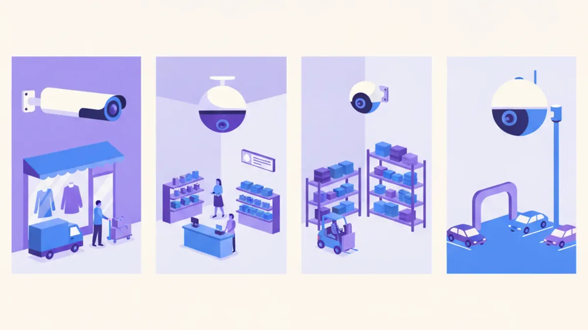 Ilustración comparativa de cuatro cámaras de seguridad de comercio: bullet cilíndrica, domo, turret y PTZ motorizada