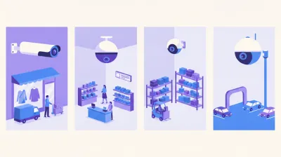 Ilustración comparativa de cuatro cámaras de seguridad de comercio: bullet cilíndrica, domo, turret y PTZ motorizada