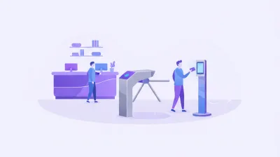 Ilustración de la recepción de un gimnasio con un molinete de trípode junto a un lector de acceso sobre un pedestal