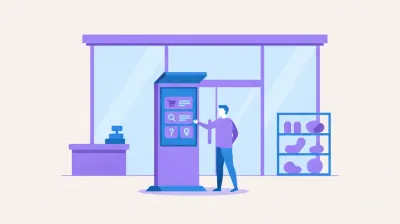 Ilustración de un tótem digital de pie con pantalla táctil en la entrada de un local, mostrando un menú de opciones para que el cliente elija