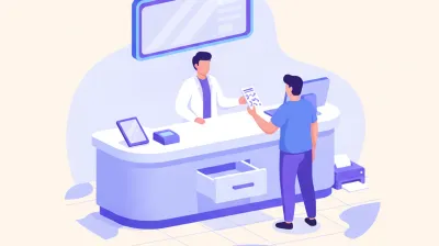 Ilustración de un mostrador de farmacia con una pantalla de turnos en la pared y un cliente sosteniendo un ticket numerado frente al despacho