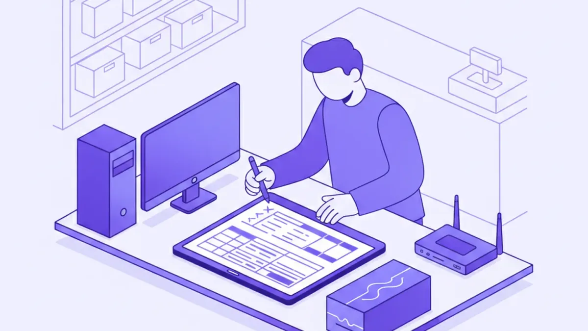 Ilustración de una persona sumando en una planilla el consumo en watts de la PC, el monitor y el router del mostrador antes de elegir una UPS