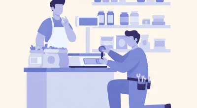 Ilustración de un técnico de metrología legal revisando y precintando una balanza comercial en el mostrador de un almacén