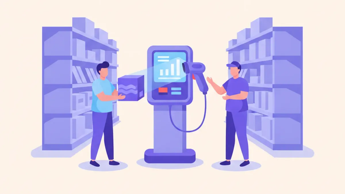 Ilustración de un pasillo de supermercado con un verificador de precios de pie, con una pantalla y un lector de código de barras, donde un cliente escanea un producto