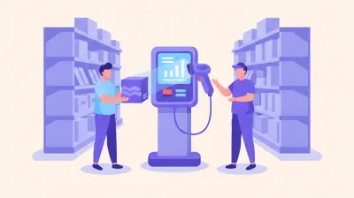 Ilustración de un pasillo de supermercado con un verificador de precios de pie, con una pantalla y un lector de código de barras, donde un cliente escanea un producto