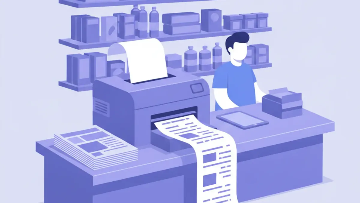 Ilustración de una impresora térmica Xprinter de 80 mm sobre el mostrador de un kiosco imprimiendo un ticket