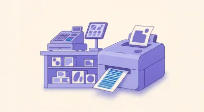 Ilustración de una impresora de etiquetas Zebra ZD220 sobre el mostrador de un comercio imprimiendo una etiqueta de precio con código de barras