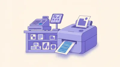 Ilustración de una impresora de etiquetas Zebra ZD220 sobre el mostrador de un comercio imprimiendo una etiqueta de precio con código de barras